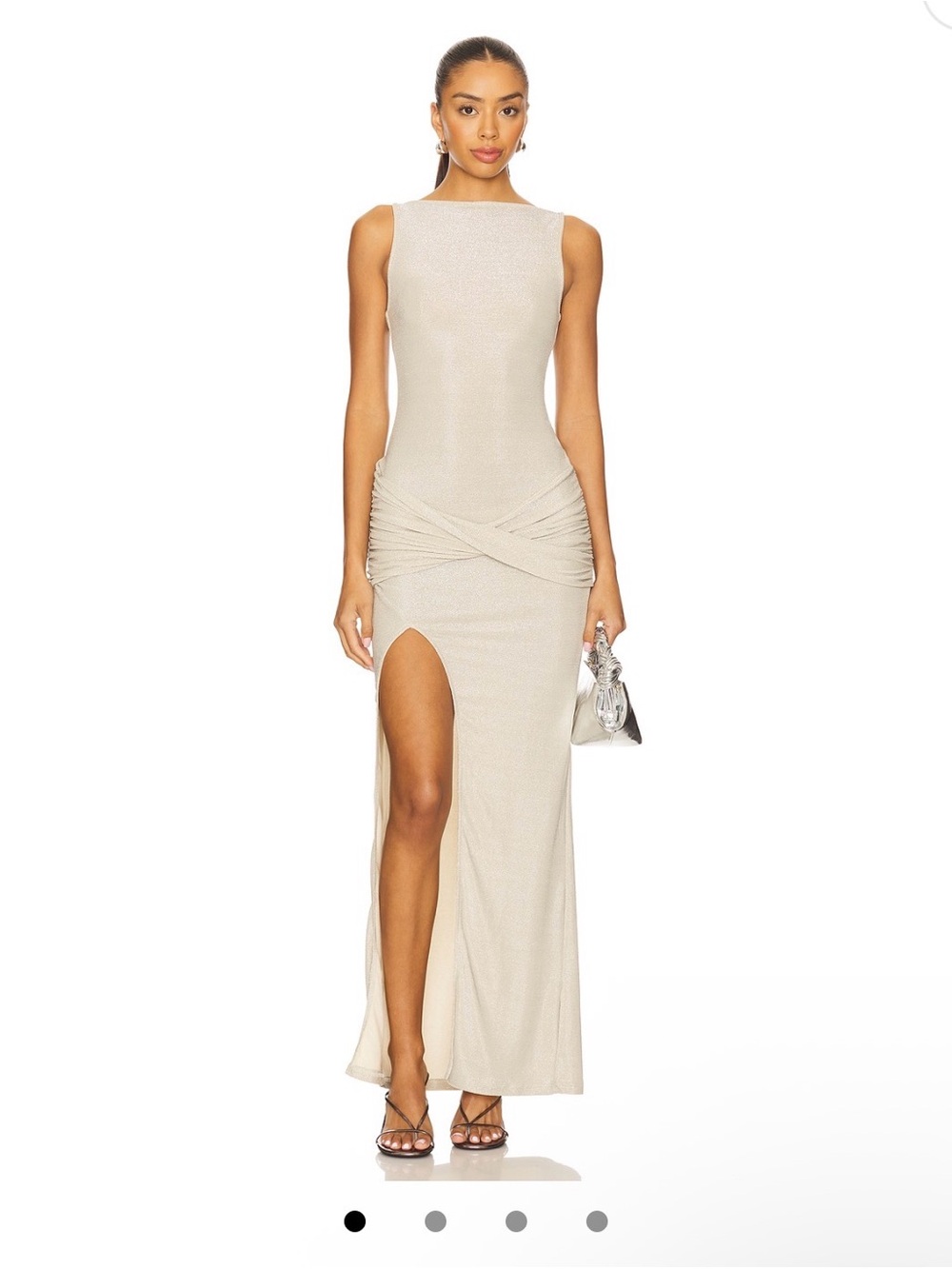 Sleeveless Cream Ruched Maxi Dress with High Slit